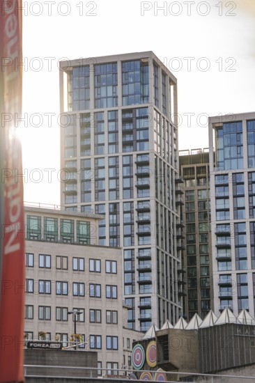 Modern skyscrapers with glass façade in urban surroundings in sunlight, London, England, Great Britain