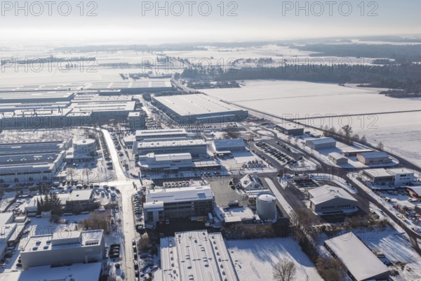 Snow-covered industrial areas with clear skies from an aerial perspective, Wolfsberg industrial area, Nagold, Germany