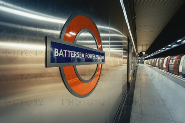 View of the Battersea Power Station subway sign on the wall in a modern train station area, London, United Kingdom