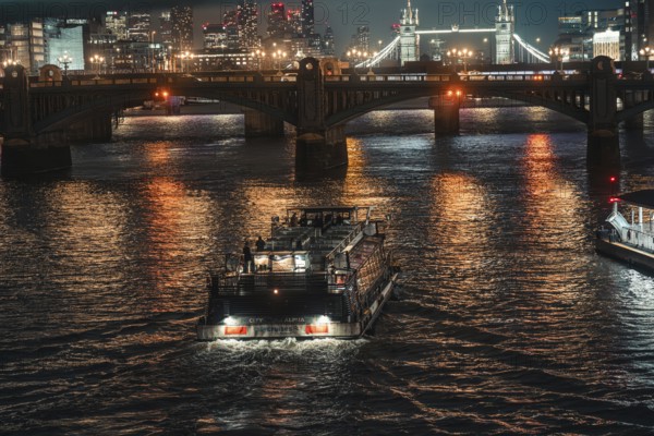 Boat under an illuminated bridge on a river at night, city lights reflecting in water, London, England, Great Britain