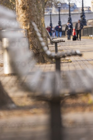 Blurred bench in an urban avenue with an autumn atmosphere, London, England, Great Britain