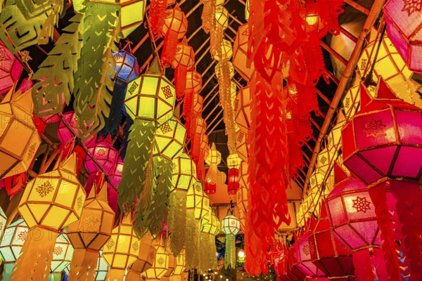 Illuminated, colorful lanterns as decoration in Iconsiam shopping center, Bangkok, Thailand's metropolis, Thailand