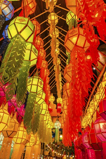 Illuminated, colorful lanterns as decoration in Iconsiam shopping center, Bangkok, Thailand's metropolis, Thailand
