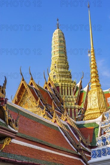 The Grand Royal Palace, Wat Phra Kaeo Buddhist Temple, the Royal Pantheon, Prasad Phra Thepbidon, overlapping roofs with curved chofas, Phra Nakhon, Bangkok, Thailand's metropolis, Thailand