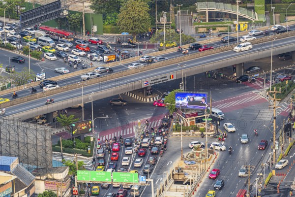 Busy road intersection with the Thai-Belgian Bridge, view from the Moon Bar on the roof terrace of the Banyan Tree Hotel, Sathon, Bangkok, Thailand's metropolis, Thailand