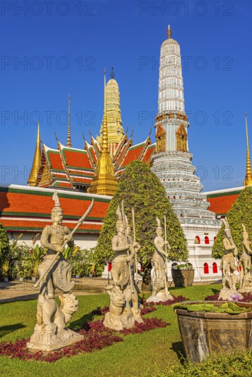 The Grand Royal Palace, Wat Phra Kaeo Buddhist Temple, buildings with overlapping roofs with curved chofas, Chedi Temple Tower, the Royal Pantheon, Prasad Phra Thepbidon, Phra Nakhon, Bangkok, Thailand's metropolis, Thailand