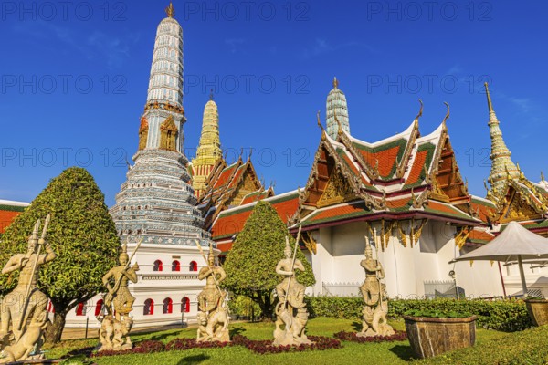 The Grand Royal Palace, Wat Phra Kaeo Buddhist Temple, buildings with overlapping roofs with curved chofas, Chedi Temple Tower, the Royal Pantheon, Prasad Phra Thepbidon, Phra Nakhon, Bangkok, Thailand's metropolis, Thailand
