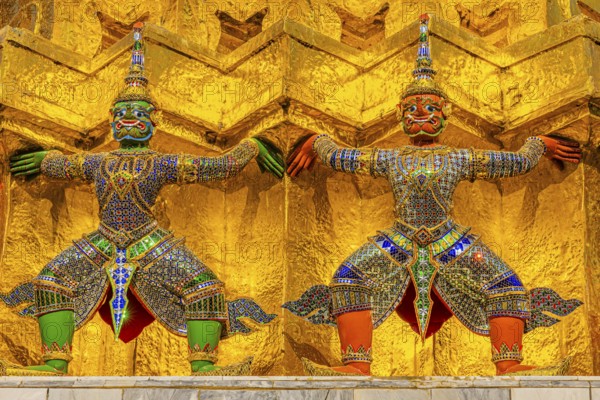 The Grand Royal Palace, Wat Phra Kaeo Buddhist Temple, the Golden Chedi, Pra Sri Rattana Chedi, guarded by Yakshas, Phra Nakhon, Bangkok, Thailand's metropolis, Thailand