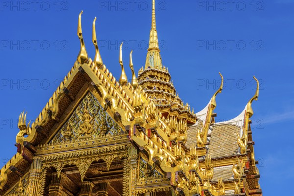 The Grand Royal Palace, the gilded Abhorn Bimok Pavilion with overlapping roofs and curved chofas, Phra Nakhon, Bangkok, Thailand's metropolis, Thailand