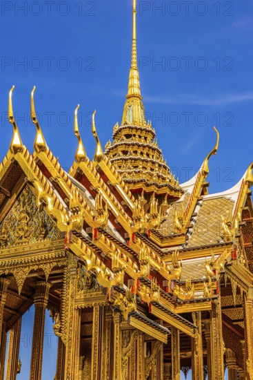 The Grand Royal Palace, the gilded Abhorn Bimok Pavilion with overlapping roofs and curved chofas, Phra Nakhon, Bangkok, Thailand's metropolis, Thailand