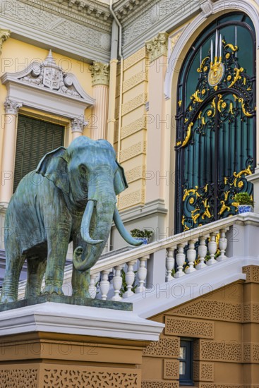 The Grand Royal Palace, an elephant statue adorns the side entrance of the Chakri Maha Prasad throne hall, Phra Nakhon, Bangkok, Thailand's metropolis, Thailand
