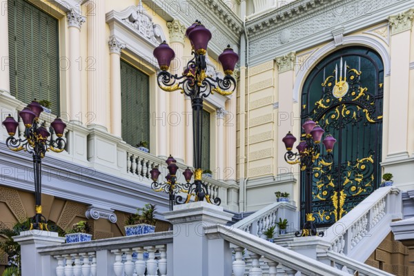 The Grand Royal Palace, side entrance with decorated gate and multi-armed lanterns, Chakri Maha Prasad Throne Hall, Phra Nakhon, Bangkok, Thailand's metropolis, Thailand