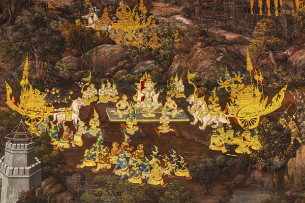 The Grand Royal Palace, Wat Phra Kaeo Buddhist Temple, wall painting on galleries with Buddhist motifs, Phra Nakhon, Bangkok, Thailand's metropolis, Thailand