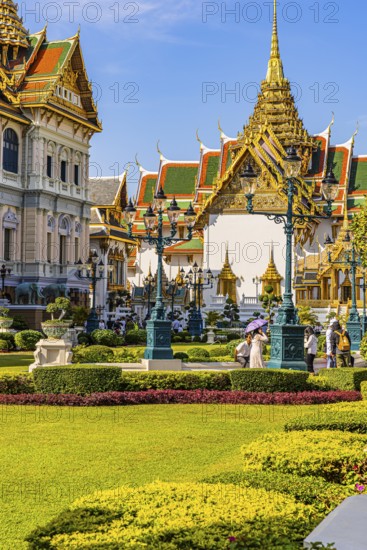 The Grand Royal Palace, Chakri Maha Prasad Throne Hall, with overlapping roofs and curved chofas, Phra Nakhon, Bangkok, Thailand's metropolis, Thailand