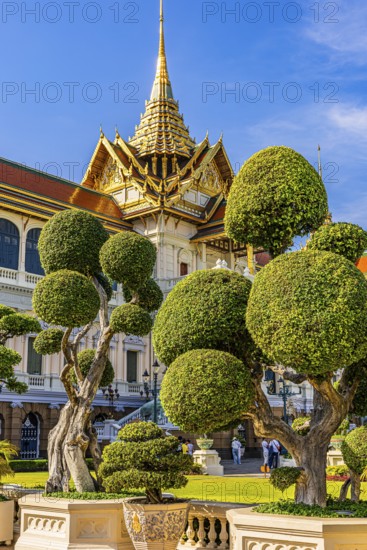 The Grand Royal Palace, trees with spherical branches, in the back the Chakri Maha Prasad throne hall, Phra Nakhon, Bangkok, Thailand's metropolis, Thailand