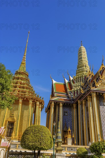 The Grand Royal Palace, Wat Phra Kaeo Buddhist Temple, the Royal Pantheon, Prasad Phra Thepbidon, buildings with overlapping roofs with curved chofas, Phra Nakhon, Bangkok, Thailand's metropolis, Thailand