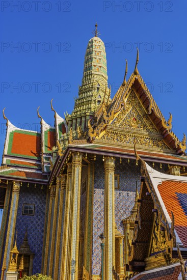 The Grand Royal Palace, Wat Phra Kaeo Buddhist Temple, the Royal Pantheon, Prasad Phra Thepbidon, overlapping roofs with curved chofas, Phra Nakhon, Bangkok, Thailand's metropolis, Thailand