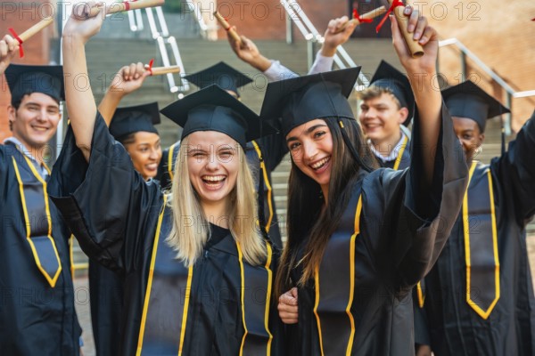 Group of happy student graduates wearing caps and gowns, cheering and holding rolled up diplomas, celebrating their academic achievement and success on campus