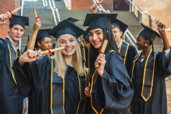 Smiling university graduates of different ethnicities wearing academic gowns and caps, cheering while holding their diplomas, celebrating academic success and an important life achievement