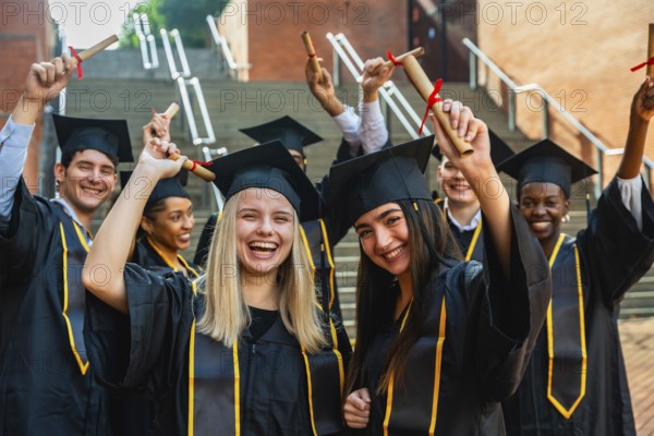 Group of happy diverse university students graduating, celebrating their academic achievement together, wearing graduation caps and gowns, and proudly holding their diplomas