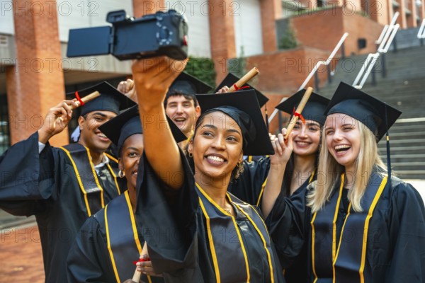 Group of happy diverse university graduates celebrating their achievement, smiling and laughing while taking a selfie video on college campus with diplomas