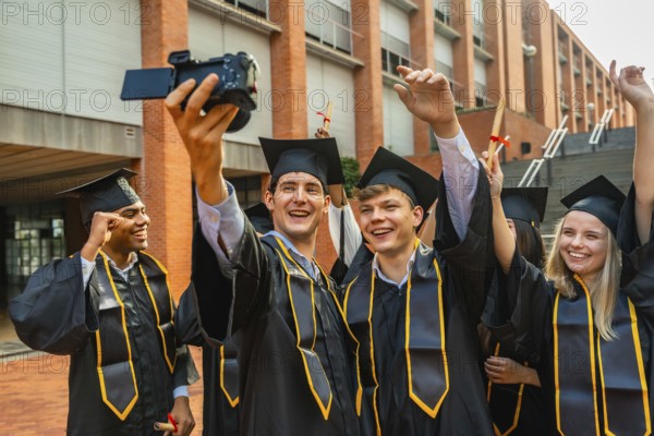 Diverse group of young university graduates in caps and gowns celebrating success, smiling and taking a joyful selfie video in front of an academic building on campus