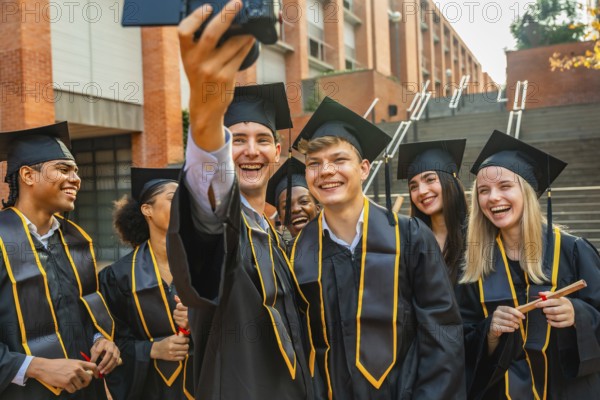 Group of smiling diverse students graduating from university, wearing academic caps and gowns, holding diplomas, and recording a shared moment with a camera in front of the campus building