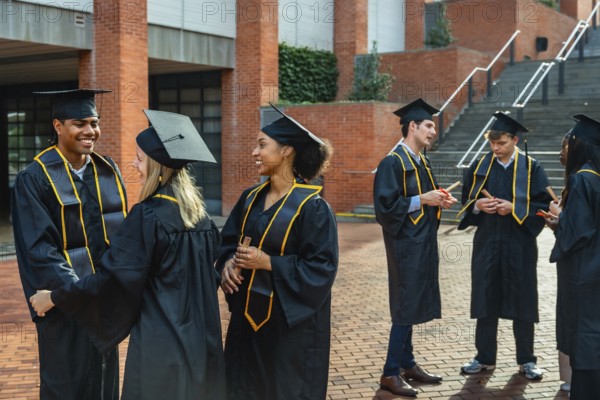 Happy diverse students wearing graduation caps and gowns, holding diplomas, and conversing outdoors on a university campus after their commencement ceremony