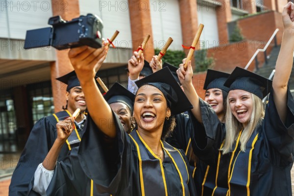 Group of happy diverse university students in graduation caps and gowns celebrating their academic achievement, holding rolled diplomas, and taking a group selfie with joy