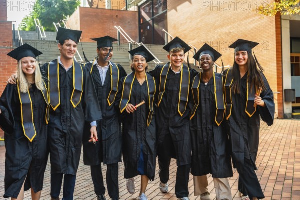 Diverse group of young adult students celebrating their university graduation, proudly wearing caps, gowns, and stoles while walking together on campus