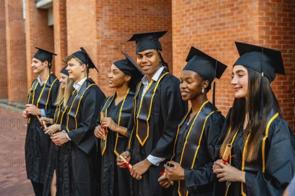 Diverse group of young students and graduates wearing academic regalia or cap and gown, smiling and holding their diplomas, celebrating graduation on university campus
