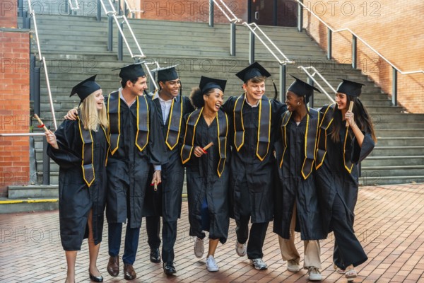 Diverse young college students walking together in graduation gowns and caps, holding diplomas, smiling, and feeling happy on their university campus after completing their studies