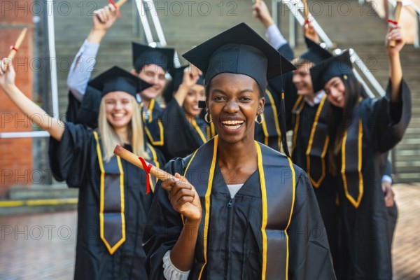 Happy young graduates in caps and gowns smiling and celebrating together on campus, holding diplomas and sharing pride and excitement after completing university degrees