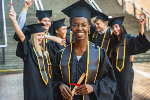 Diverse group of smiling young graduates in caps and gowns on campus, holding diplomas and celebrating their academic milestone, achievement and bright future together