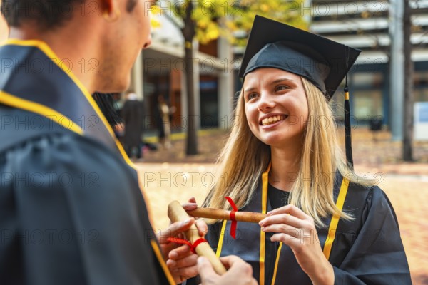 Smiling university graduate in cap and gown accepts rolled diploma from unseen hand, celebrating academic achievement, bright future and proud milestone on campus during daylight