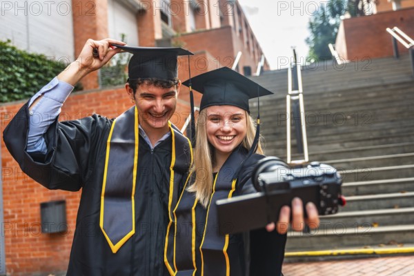 Happy young graduates in caps and gowns recording a joyful graduation day vlog on campus, sharing smiles, hugs and memories as they celebrate achievement and future goals