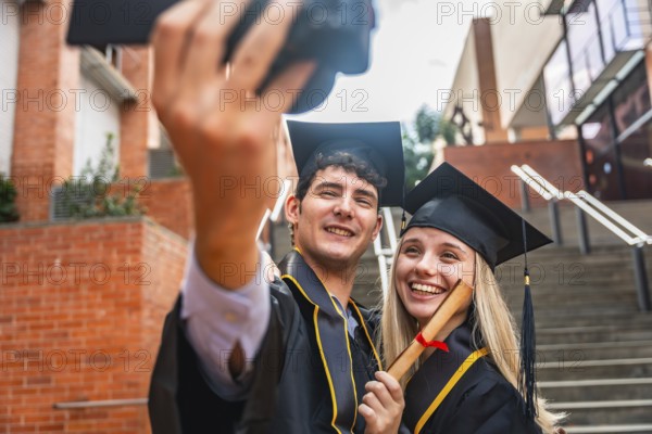 Glad young university students celebrating their graduation day, posing for a selfie while proudly holding their diploma outdoors on campus, marking a significant educational milestone