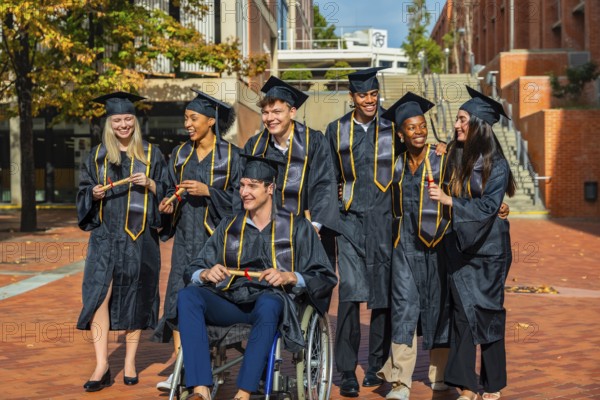 Group of smiling diverse students wearing graduation caps and gowns, holding diplomas and celebrating their achievements on a university campus, one graduate sitting in a wheelchair