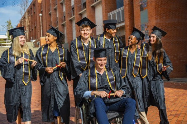 Diverse group of young adult students wearing academic gowns and mortarboards, holding diplomas and celebrating their graduation achievement together on a university campus
