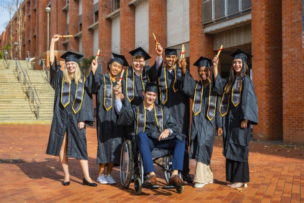 Group of happy multiracial university students wearing graduation caps and gowns, holding diplomas, and smiling while standing outdoors on campus celebrating their academic success