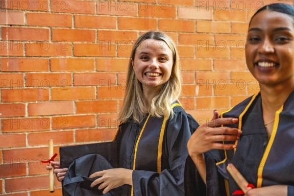 Diverse young women celebrating graduation, smiling brightly while wearing academic gowns and holding their diplomas, representing educational success and future prospects