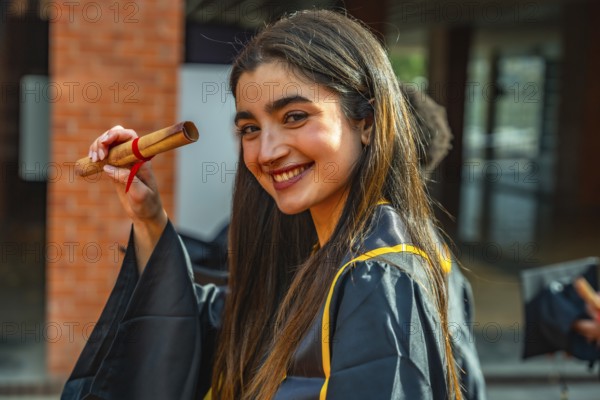 Smiling young woman celebrating graduation, proudly holding her rolled up diploma, wearing a cap and gown with a joyful expression, symbolizing educational success