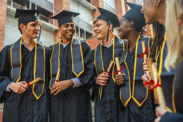 Joyful group of diverse university students wearing graduation caps and gowns, holding rolled diplomas and celebrating their academic achievement together