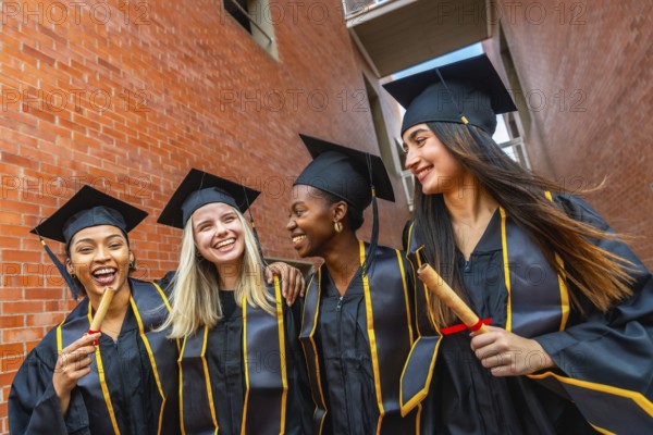 Four happy diverse university graduate students wearing academic caps and gowns, celebrating their achievement and looking forward to a bright future after completing their studies