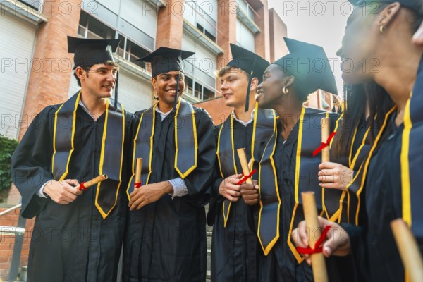 Group of diverse graduating students wearing academic gowns and caps, smiling while holding their diplomas and celebrating outside a university building