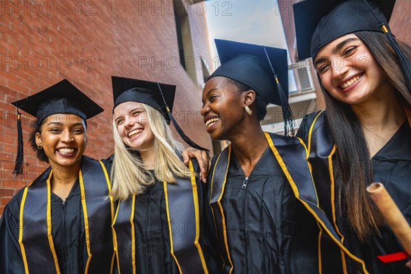 Diverse group of smiling female university students wearing graduation caps and gowns with stoles, embracing newfound freedom and celebrating their academic achievement together