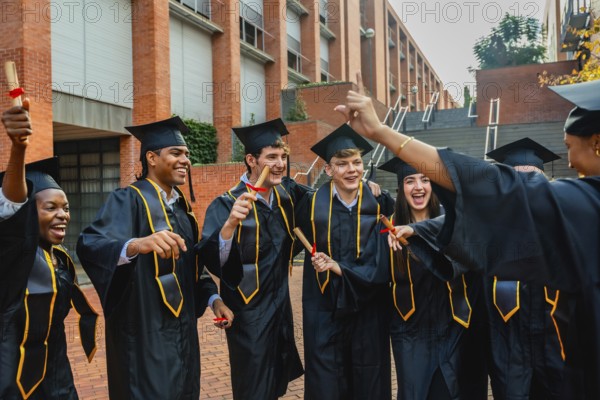 Diverse group of young students wearing graduation caps and gowns, holding diplomas, and happily celebrating their achievement on university campus after completing their studies