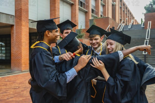 Group of diverse university students wearing academic dress and caps, standing outside a campus building, embracing and cheerfully celebrating their graduation and academic success holding a diploma