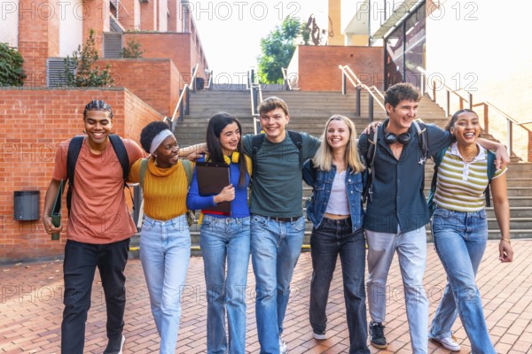 Diverse group of happy young adult university students walking arm in arm after classes on campus, sharing a moment of friendship and joy during their education journey