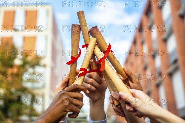 Diverse hands are holding rolled diplomas tied with red ribbons, raising them up in celebration of academic achievement and successful completion of university studies against a building background